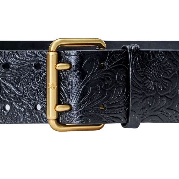 Ralph Lauren Accessories - Lauren Ralph Lauren Floral Tooled Double Prong Black Leather 2" Wide Black Belt.